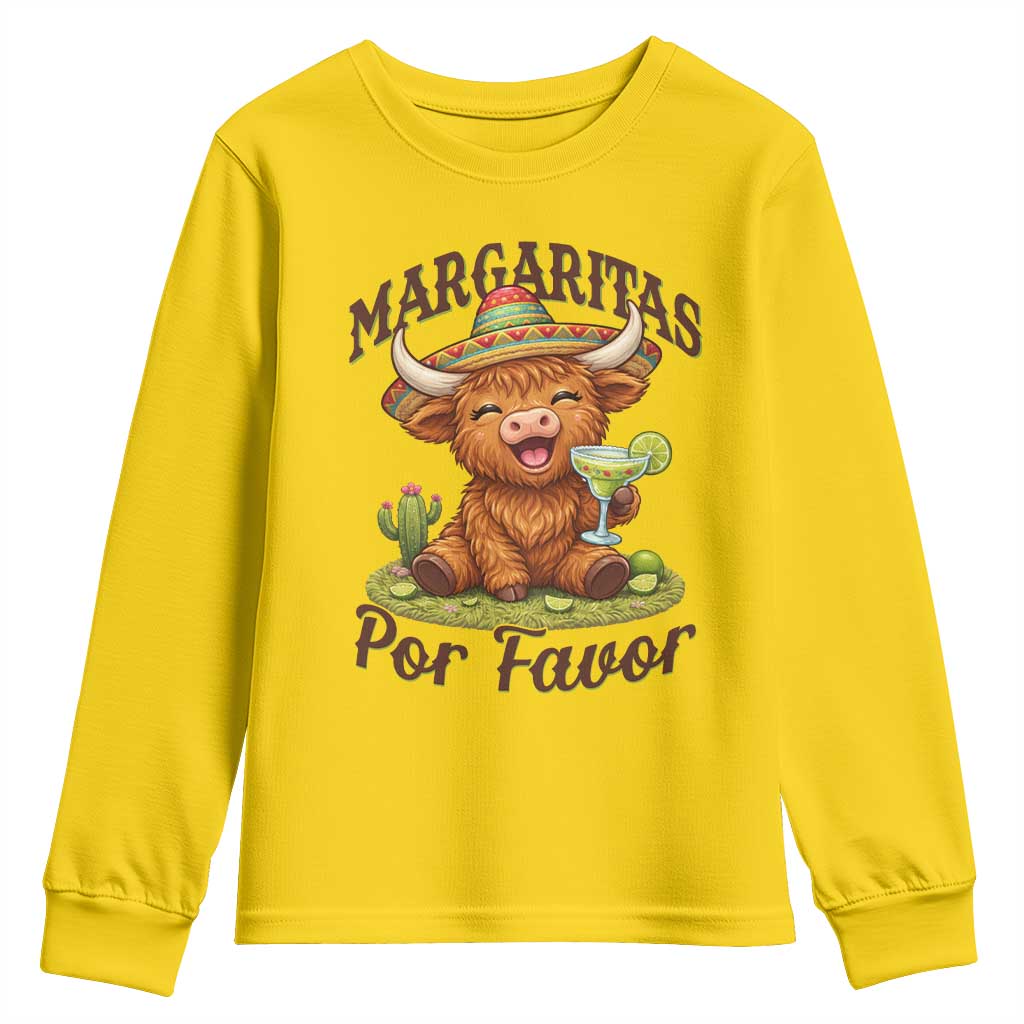 Funny Cinco De Mayo Highland Cow Youth Sweatshirt Margaritas Por Favor
