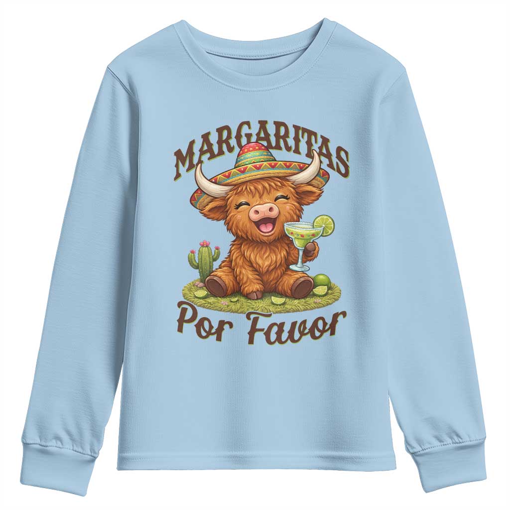 Funny Cinco De Mayo Highland Cow Youth Sweatshirt Margaritas Por Favor