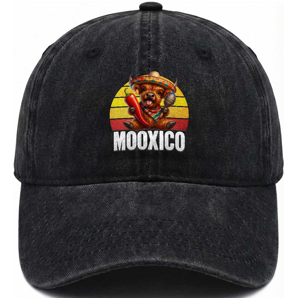 Funny Highland Cow MooXico Washed Cotton Baseball Cap Cinco De Mayo Fiesta Party