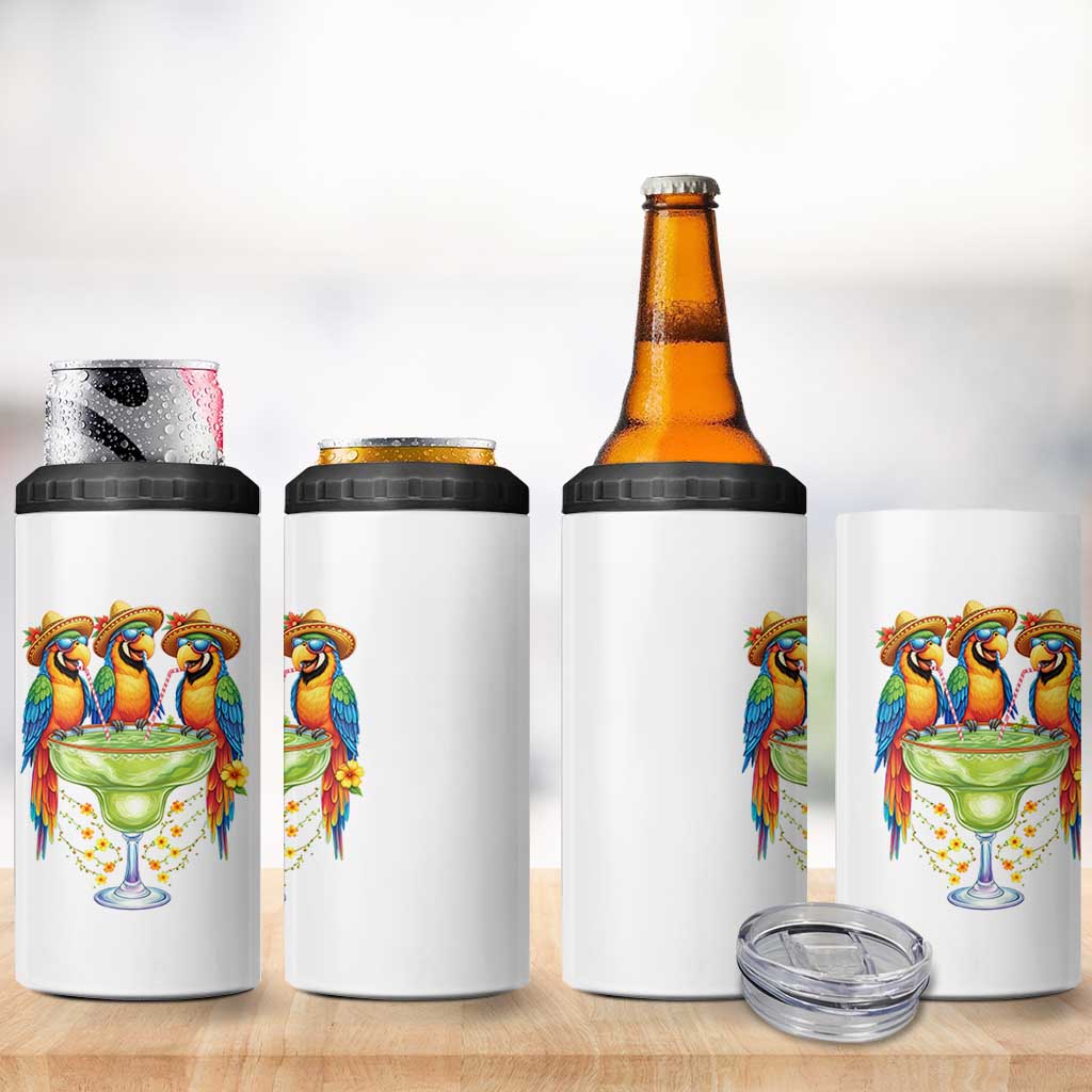Cinco De Mayo Summer Party 4 in 1 Can Cooler Tumbler Funny Parrots Drinking Margaritas