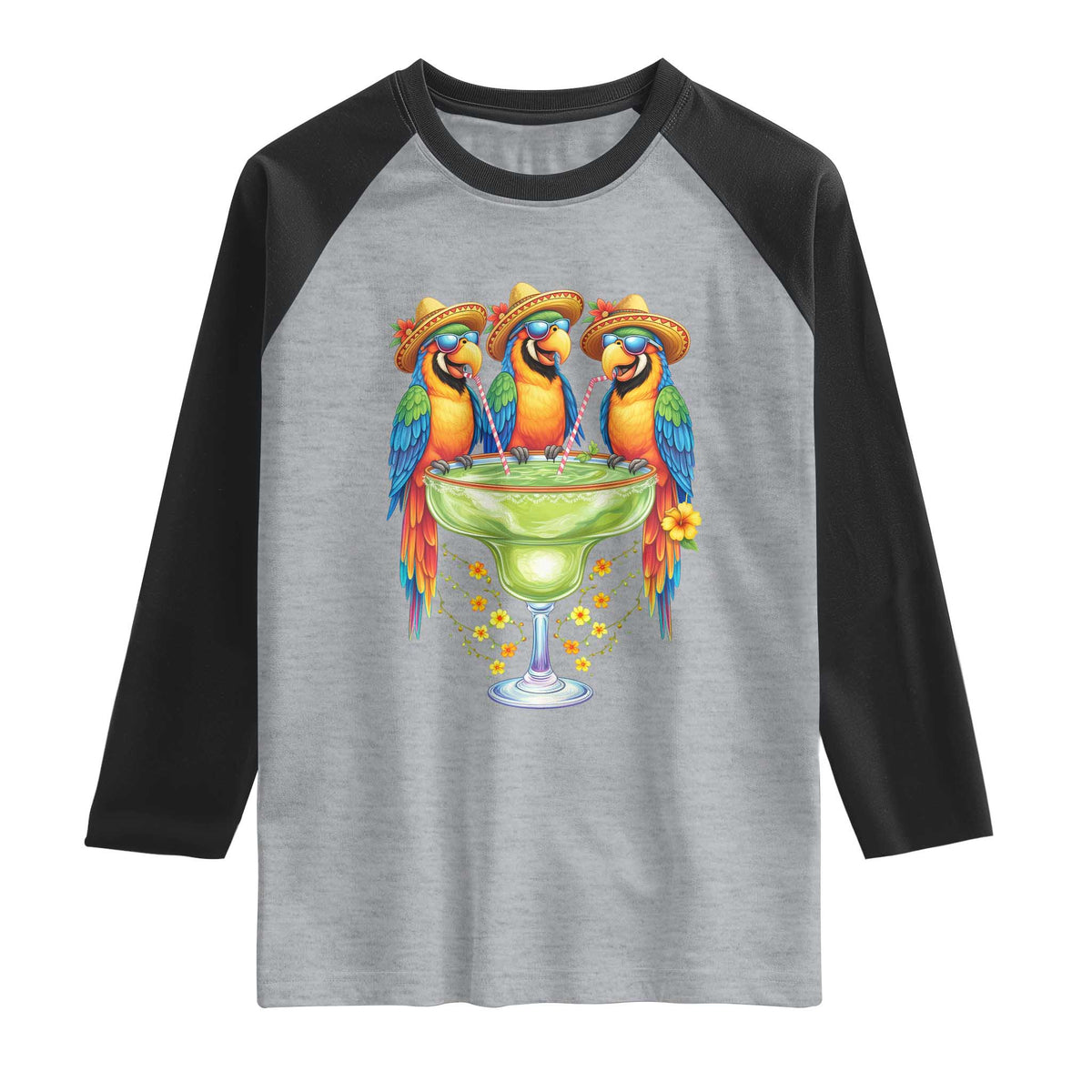 Cinco De Mayo Summer Party Raglan Shirt Funny Parrots Drinking Margaritas