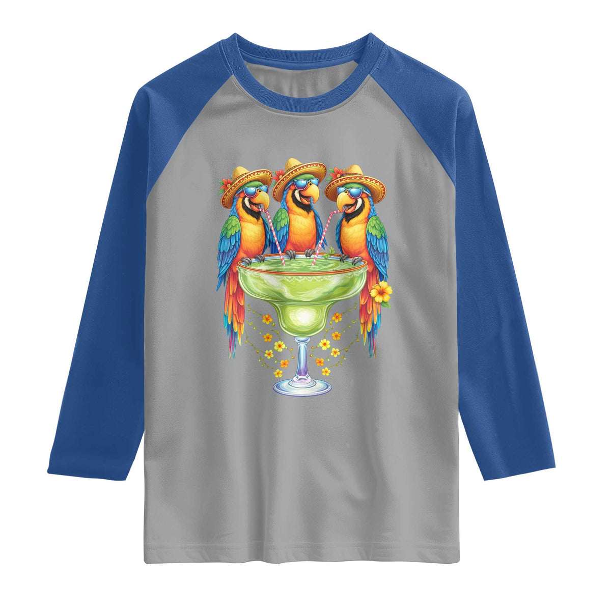 Cinco De Mayo Summer Party Raglan Shirt Funny Parrots Drinking Margaritas
