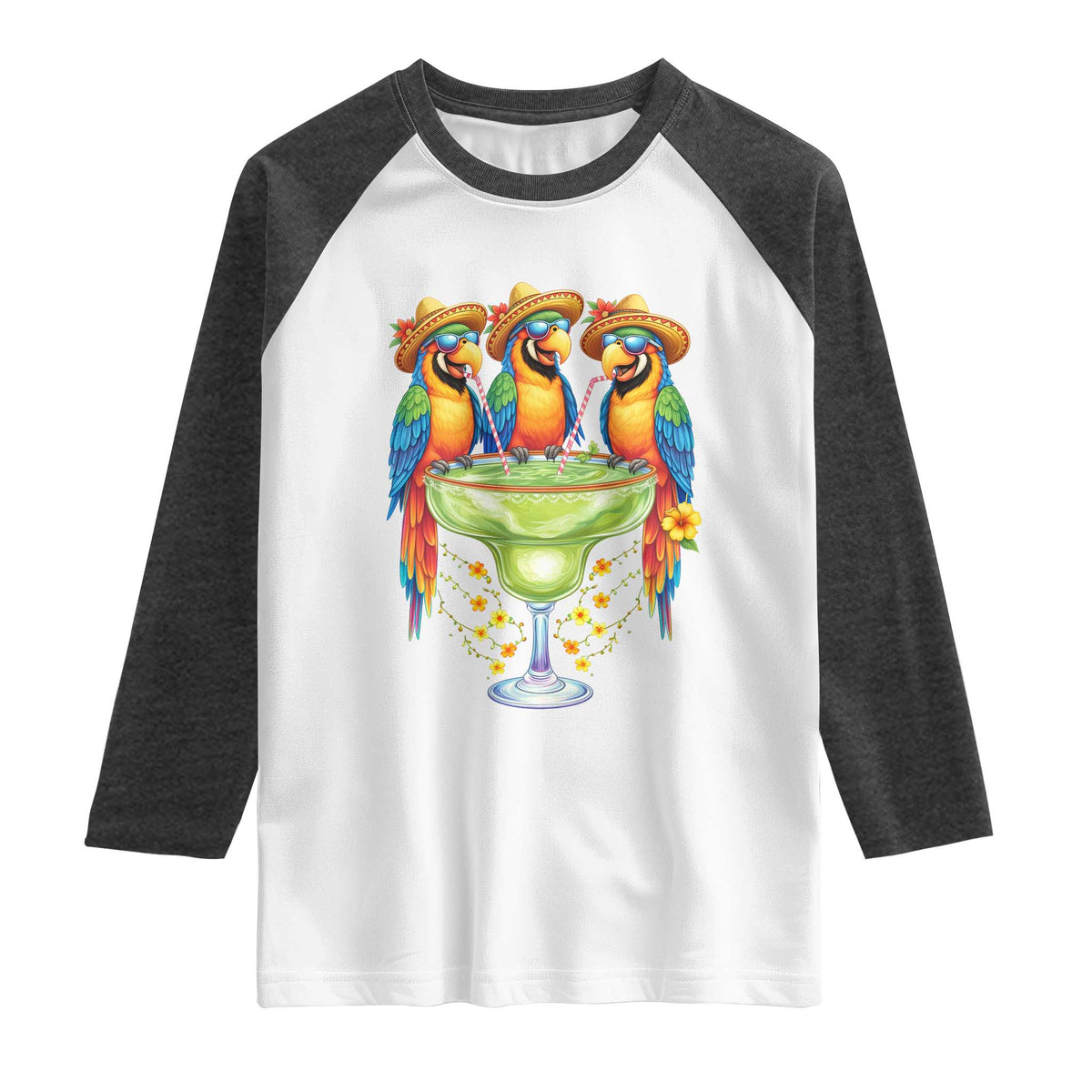 Cinco De Mayo Summer Party Raglan Shirt Funny Parrots Drinking Margaritas