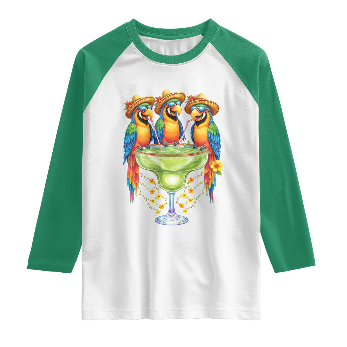 Cinco De Mayo Summer Party Raglan Shirt Funny Parrots Drinking Margaritas