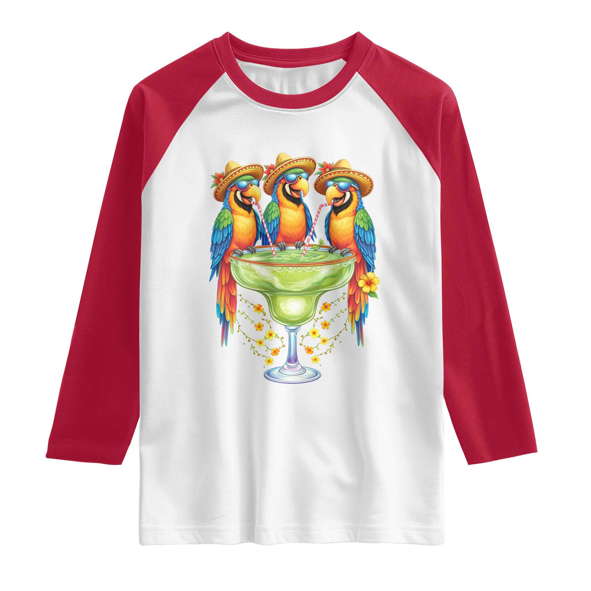 Cinco De Mayo Summer Party Raglan Shirt Funny Parrots Drinking Margaritas