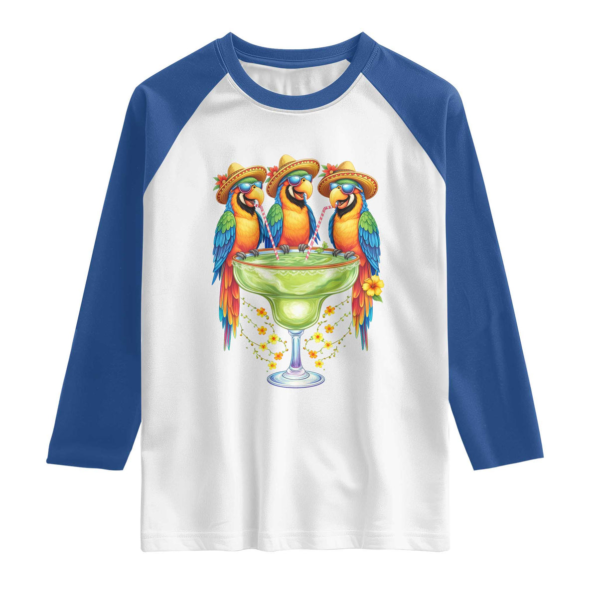 Cinco De Mayo Summer Party Raglan Shirt Funny Parrots Drinking Margaritas