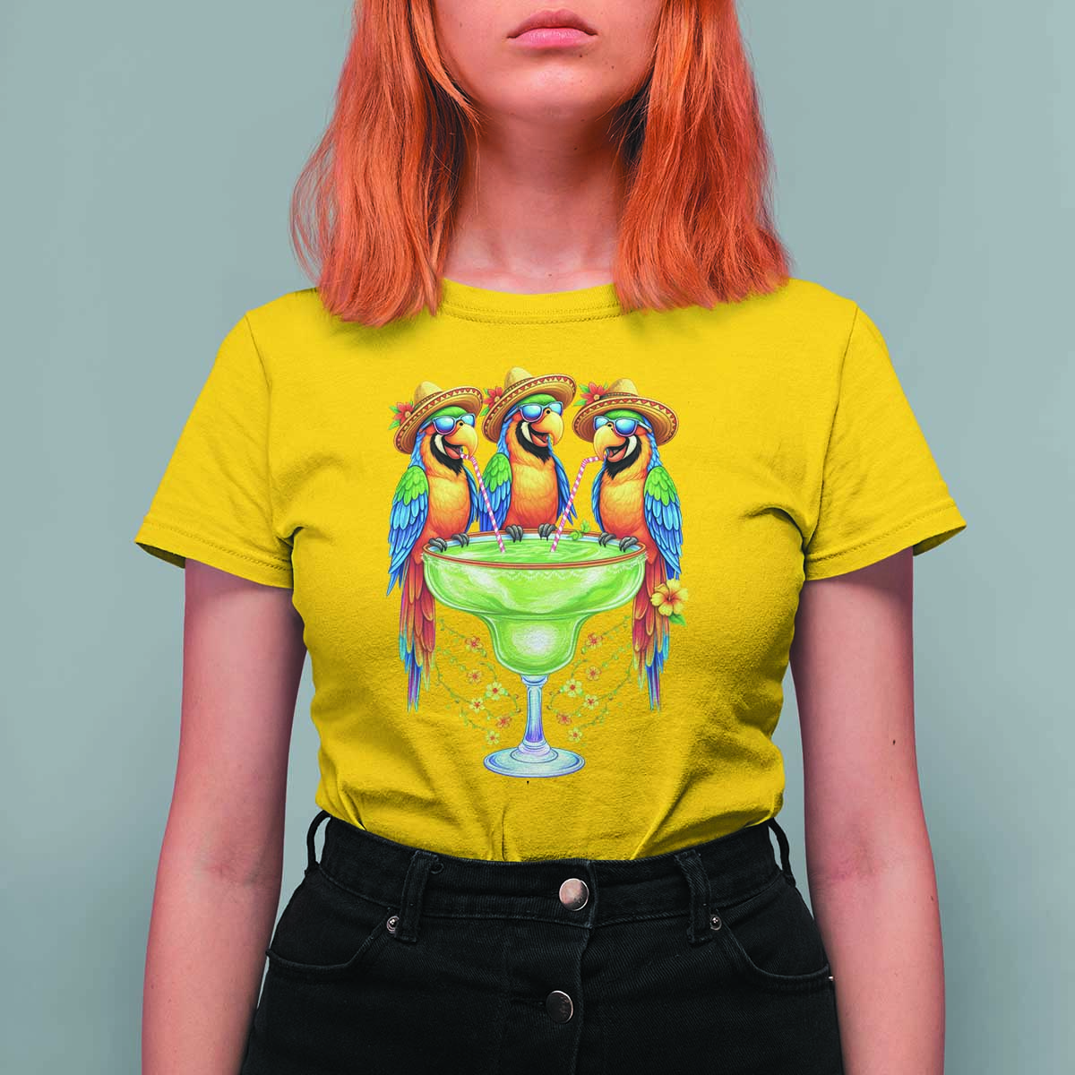 Cinco De Mayo Summer Party T Shirt For Women Funny Parrots Drinking Margaritas