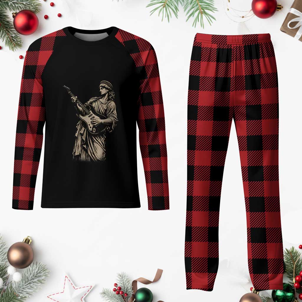4th Of July Rock N Roll Plaid Pajama Set Funny Statue Of Liberty Playing Guitar