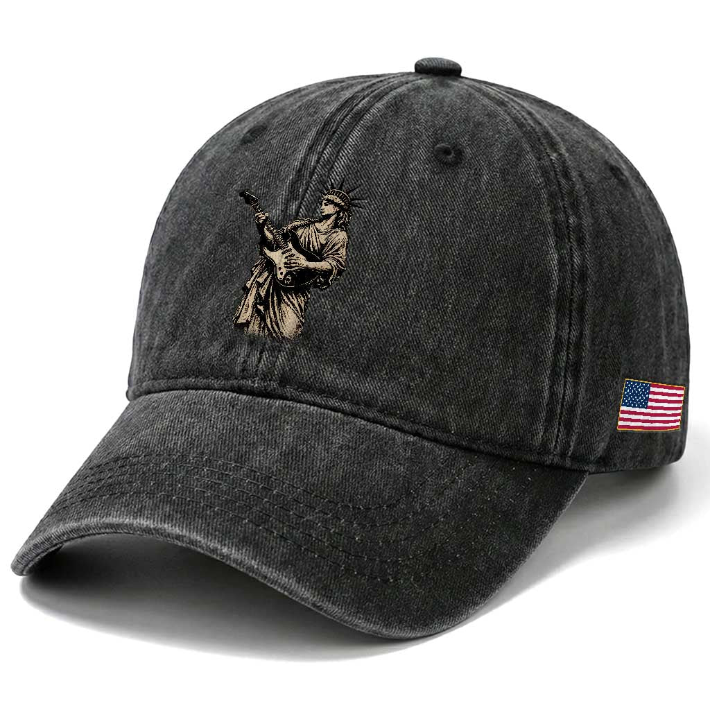 4th Of July Rock N Roll Washed Cotton Baseball Cap Funny Statue Of Liberty Playing Guitar