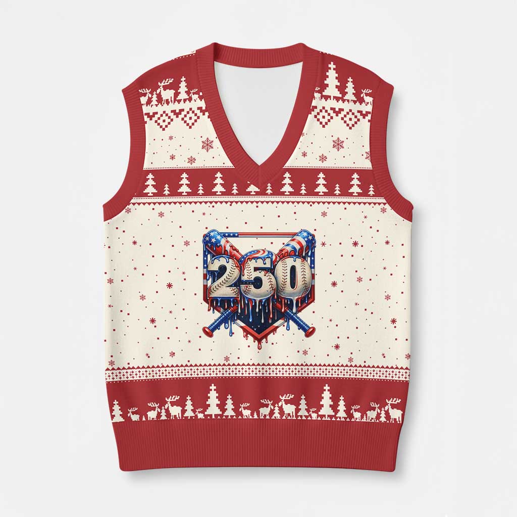 Patriotic Baseball Drip V-Neck Knit Sweater Vest USA 250th Anniversary Gift
