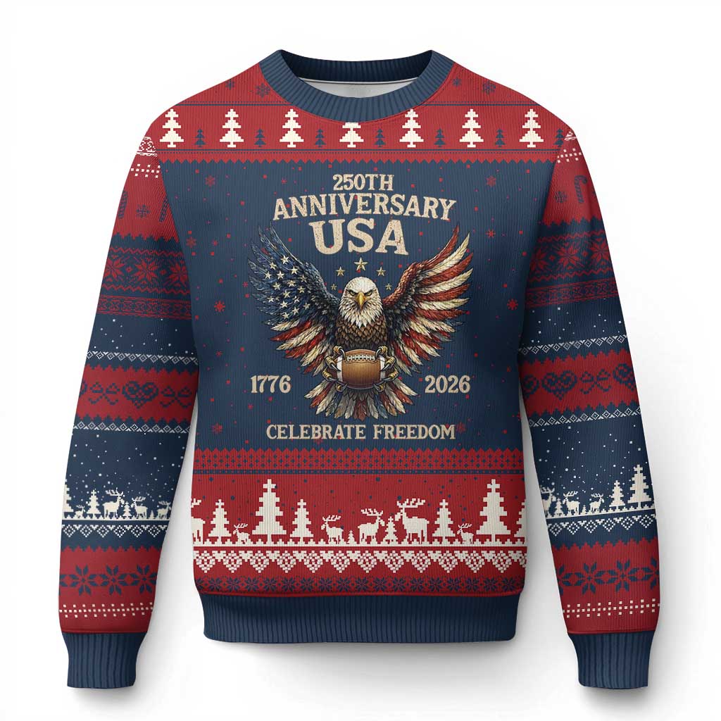 Patriotic Bald Eagle Football Ugly Christmas Sweater America 250th Anniversary Gift
