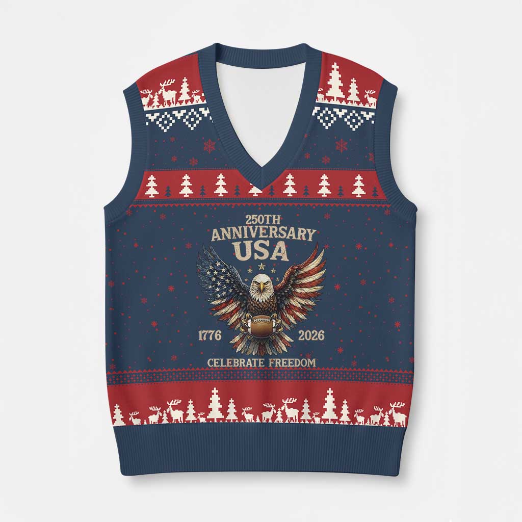 Patriotic Bald Eagle Football V-Neck Knit Sweater Vest America 250th Anniversary Gift