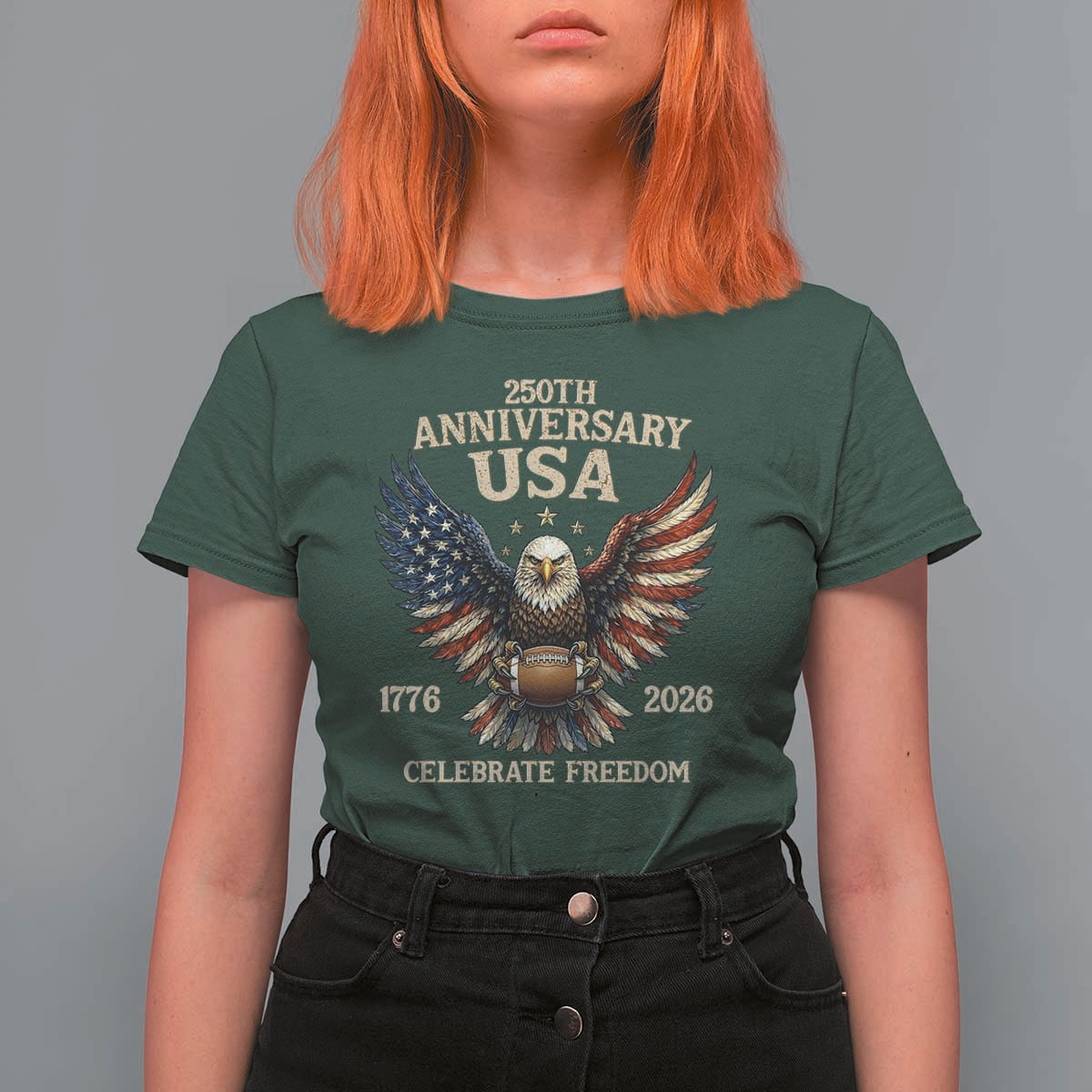 Patriotic Bald Eagle Football T Shirt For Women America 250th Anniversary Gift