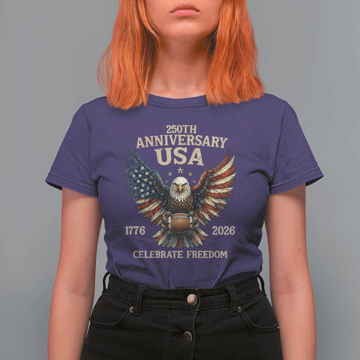 Patriotic Bald Eagle Football T Shirt For Women America 250th Anniversary Gift