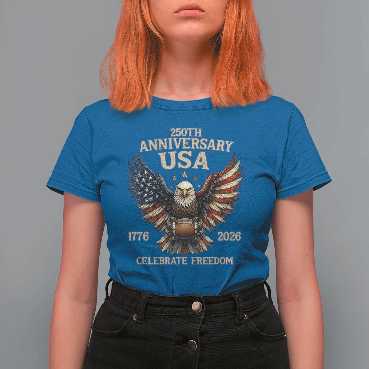 Patriotic Bald Eagle Football T Shirt For Women America 250th Anniversary Gift