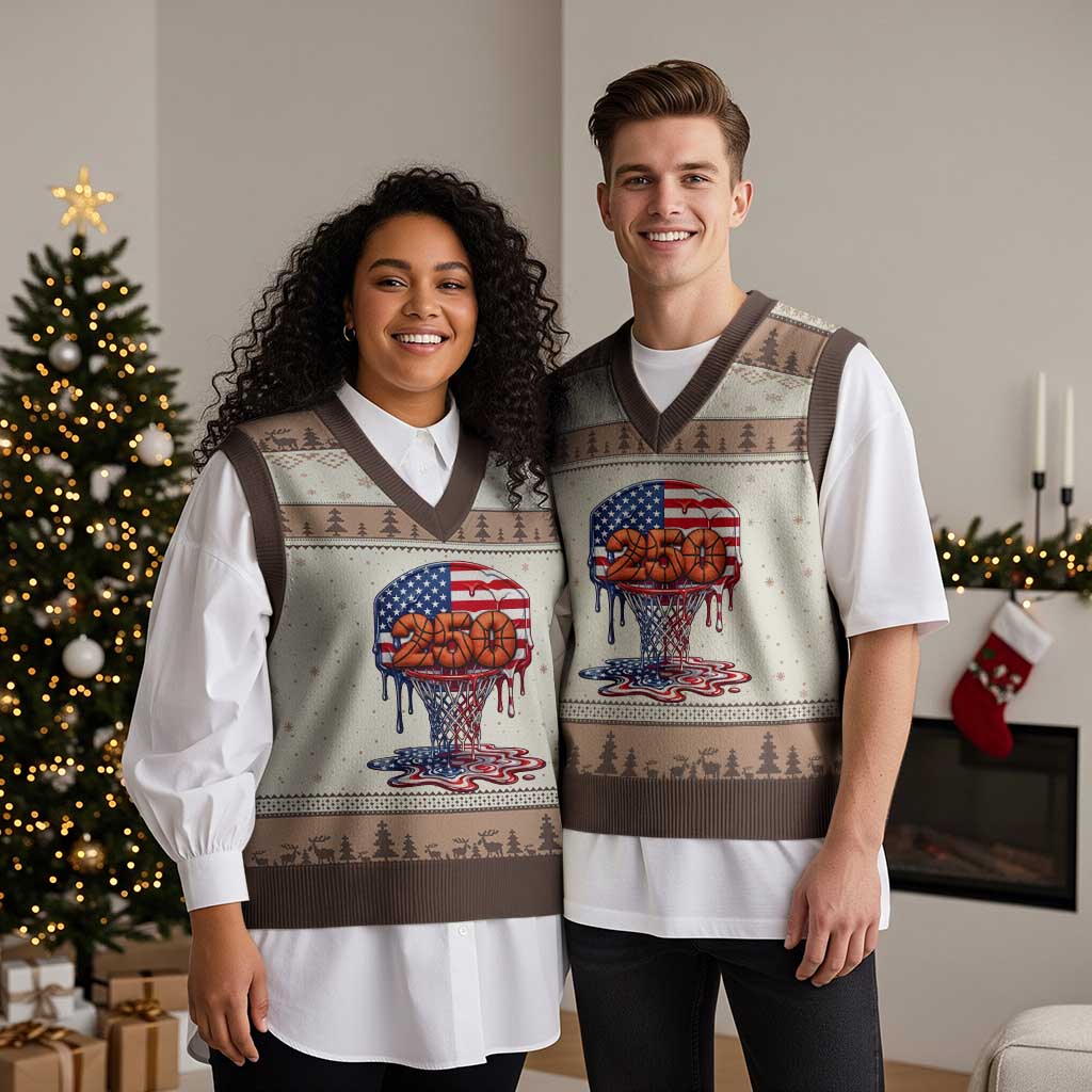 Patriotic Basketball Drip V-Neck Knit Sweater Vest USA 250th Anniversary Gift