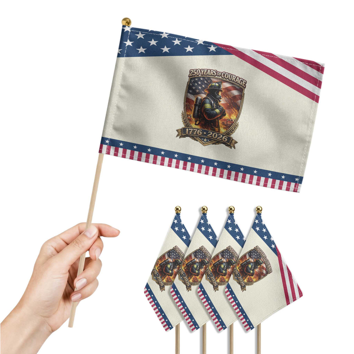 Firefighter USA 250th Anniversary Gift Patriotic Handheld Flag 250 Years Of Courage