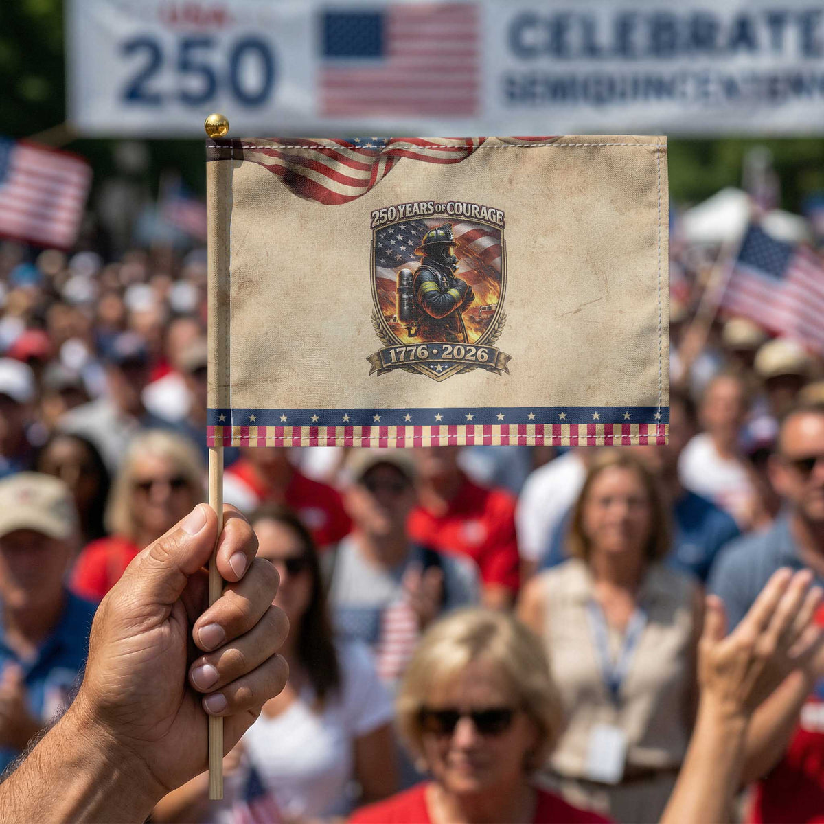 Firefighter USA 250th Anniversary Gift Patriotic Handheld Flag 250 Years Of Courage