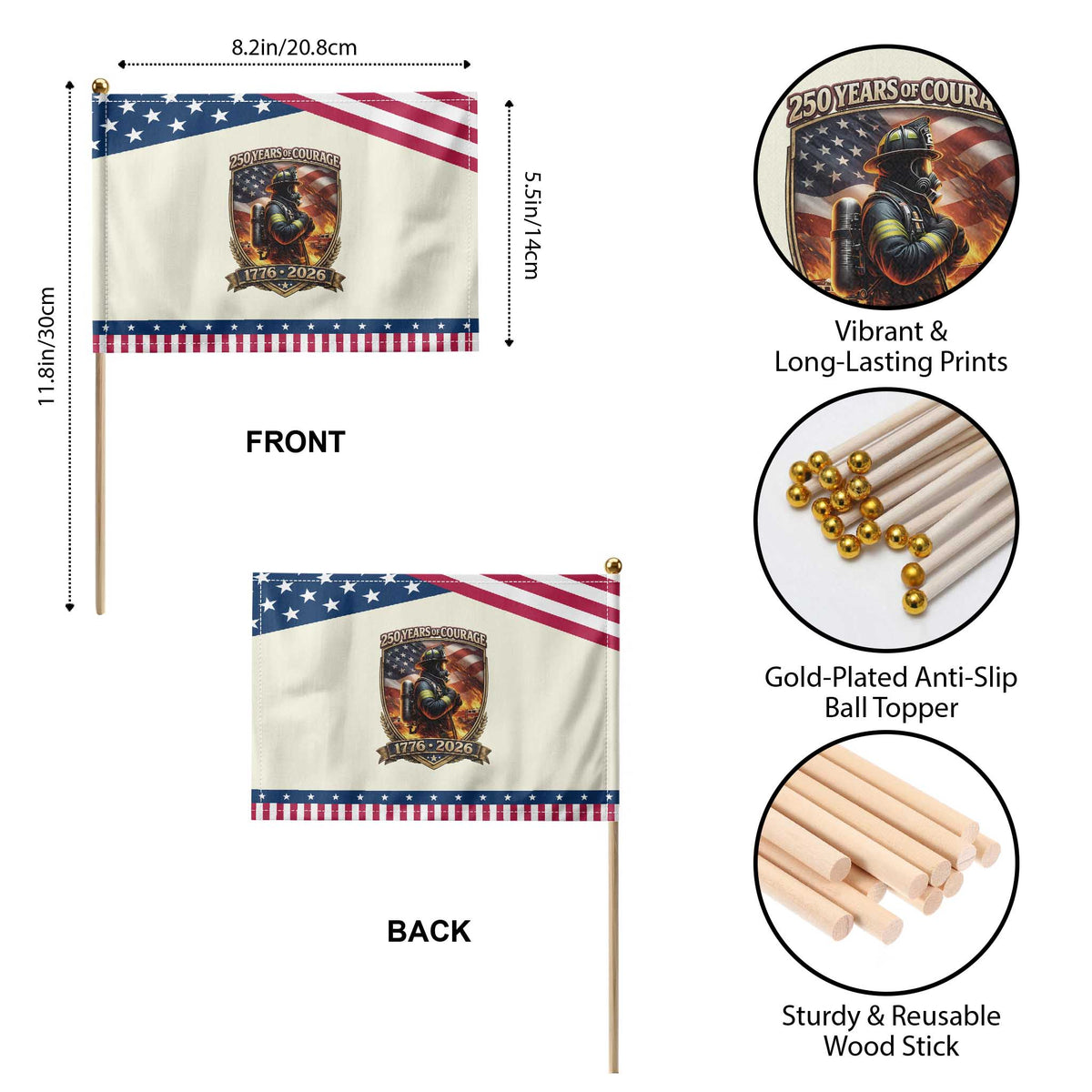 Firefighter USA 250th Anniversary Gift Patriotic Handheld Flag 250 Years Of Courage TS12