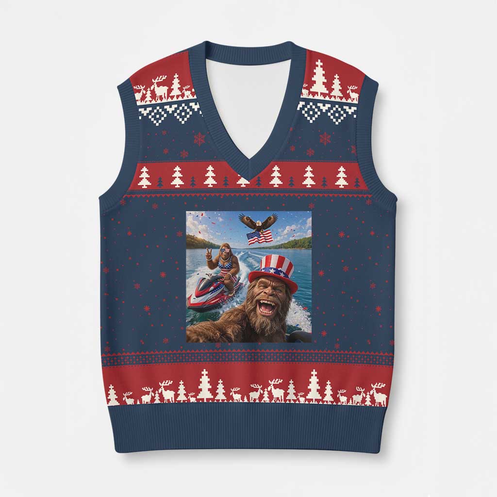 Patriotic Bigfoot Squad Chill Summer Vacation Graphic V-Neck Knit Sweater Vest