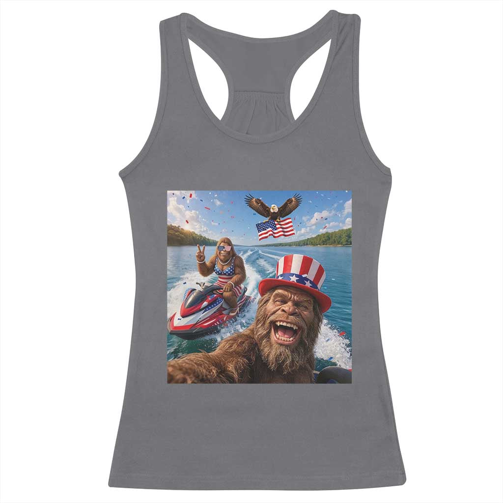 Patriotic Bigfoot Squad Chill Summer Vacation Graphic Racerback Tank Top