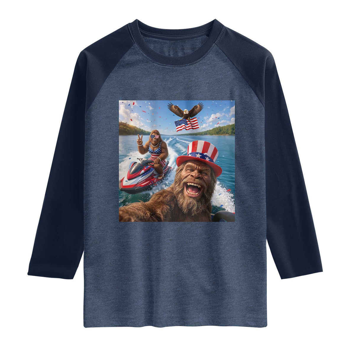 Patriotic Bigfoot Squad Chill Summer Vacation Graphic Raglan Shirt