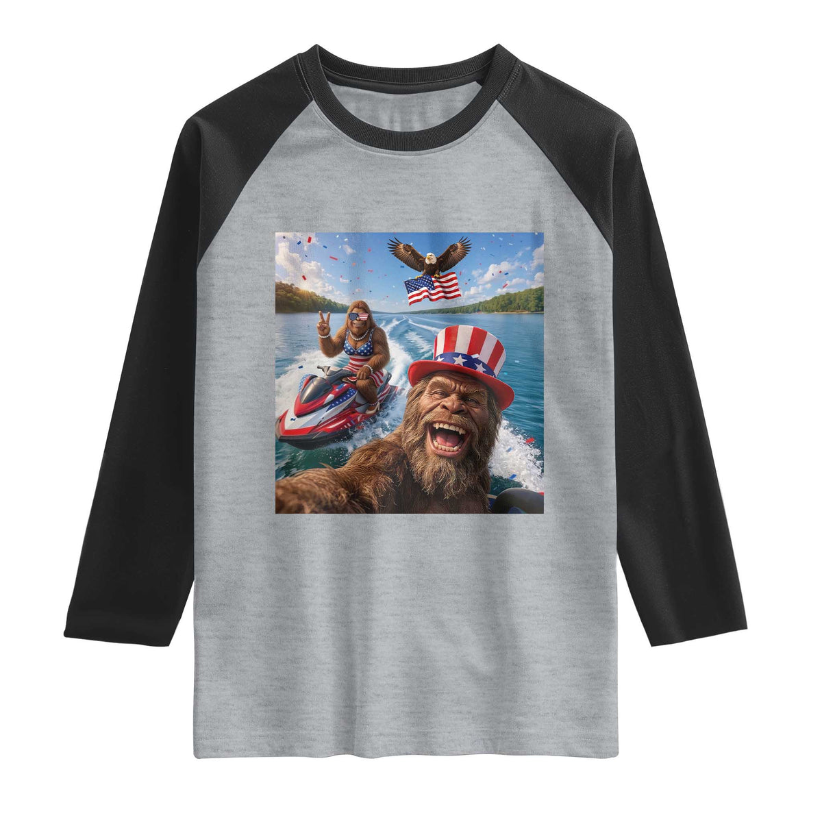 Patriotic Bigfoot Squad Chill Summer Vacation Graphic Raglan Shirt