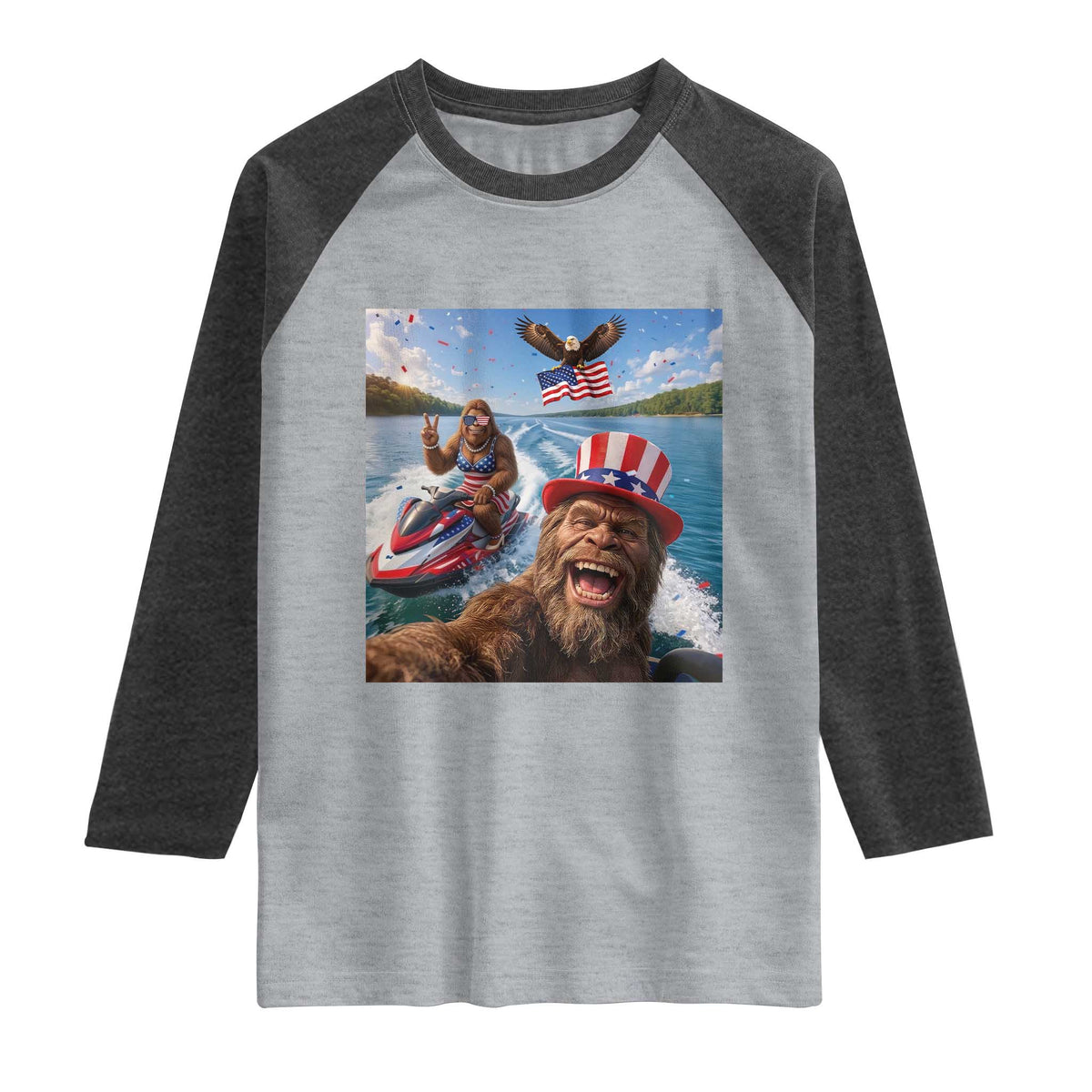Patriotic Bigfoot Squad Chill Summer Vacation Graphic Raglan Shirt