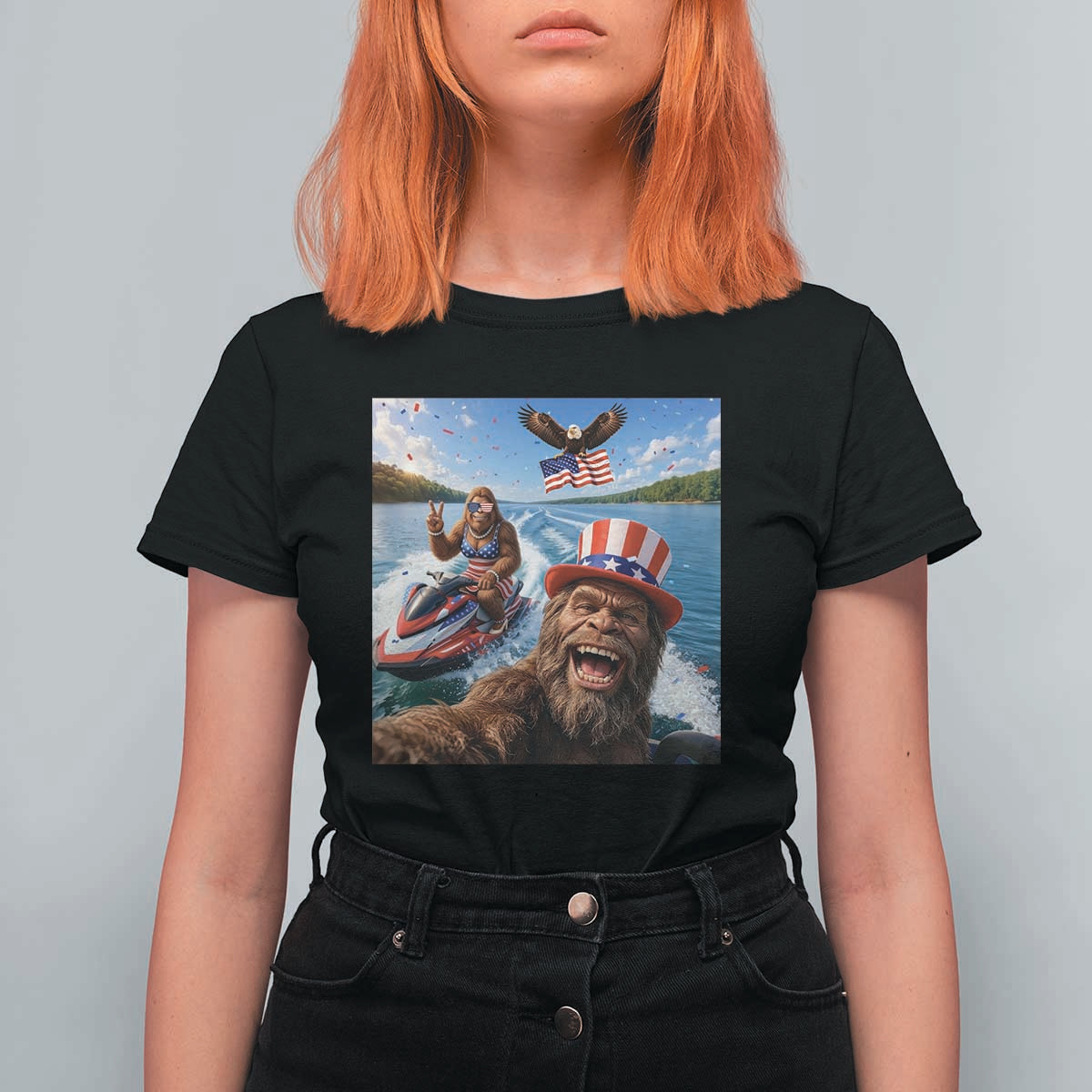 Patriotic Bigfoot Squad Chill Summer Vacation Graphic T Shirt For Women