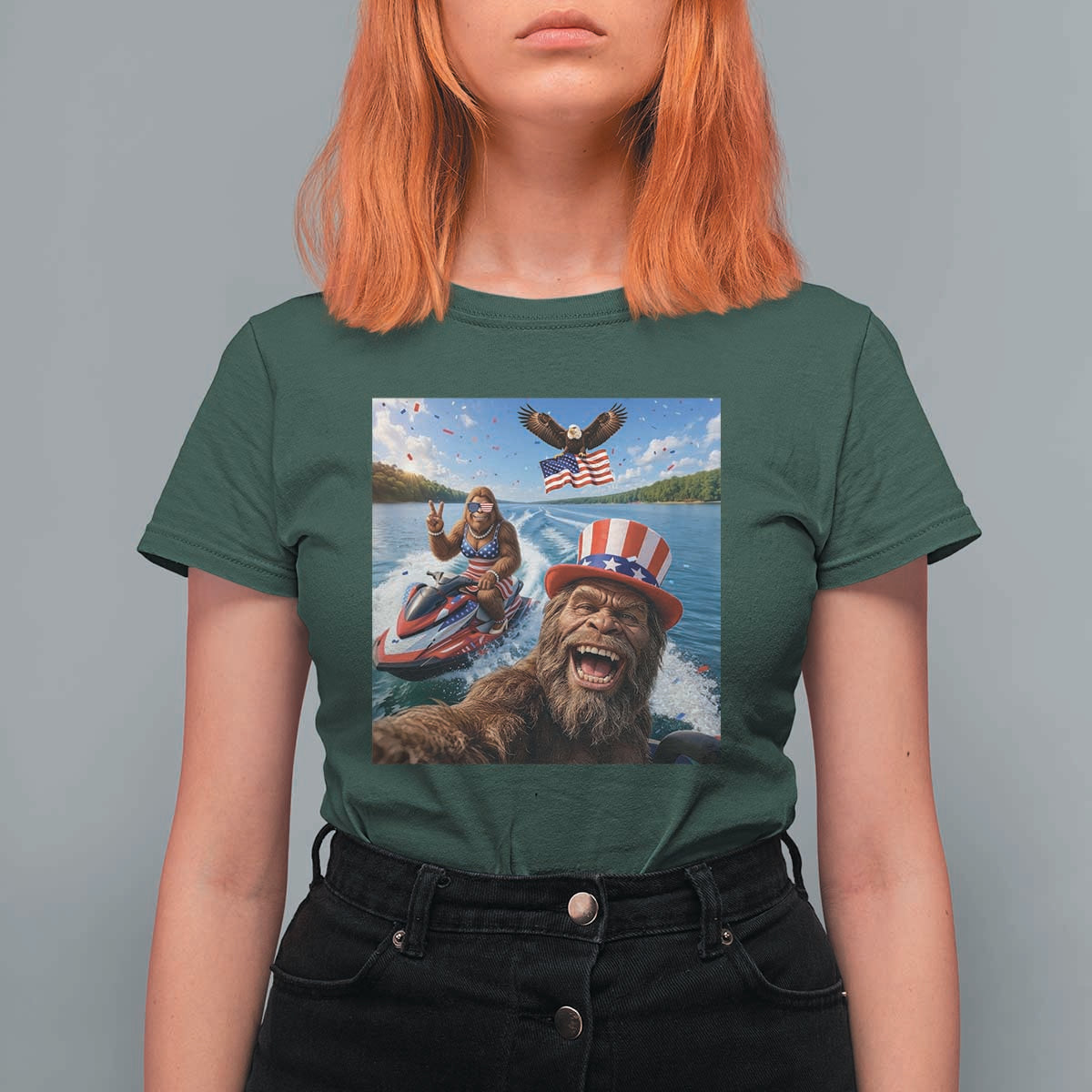 Patriotic Bigfoot Squad Chill Summer Vacation Graphic T Shirt For Women