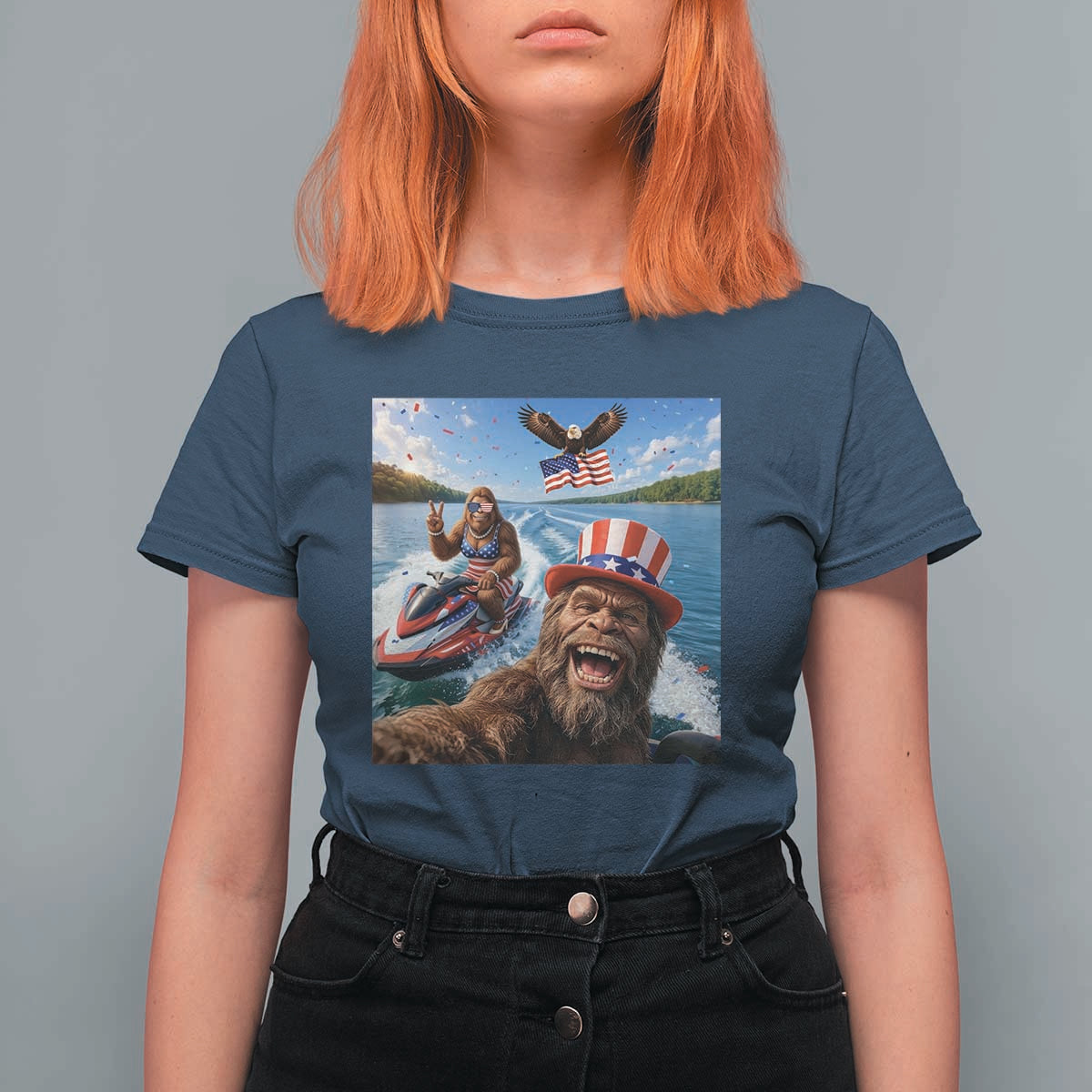 Patriotic Bigfoot Squad Chill Summer Vacation Graphic T Shirt For Women