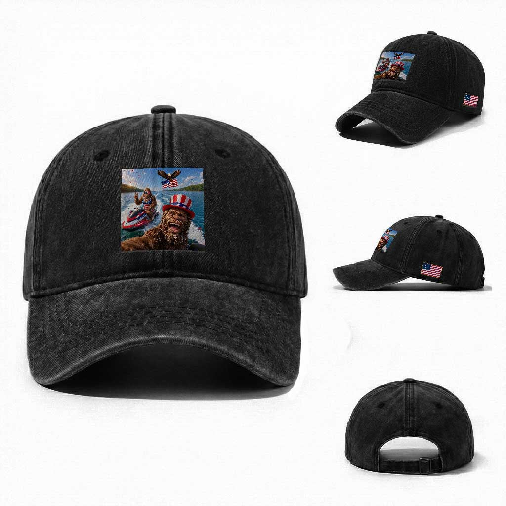 Patriotic Bigfoot Squad Chill Summer Vacation Graphic Washed Cotton Baseball Cap