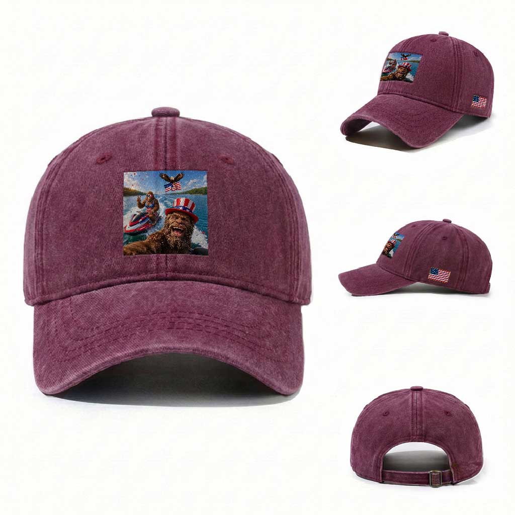 Patriotic Bigfoot Squad Chill Summer Vacation Graphic Washed Cotton Baseball Cap