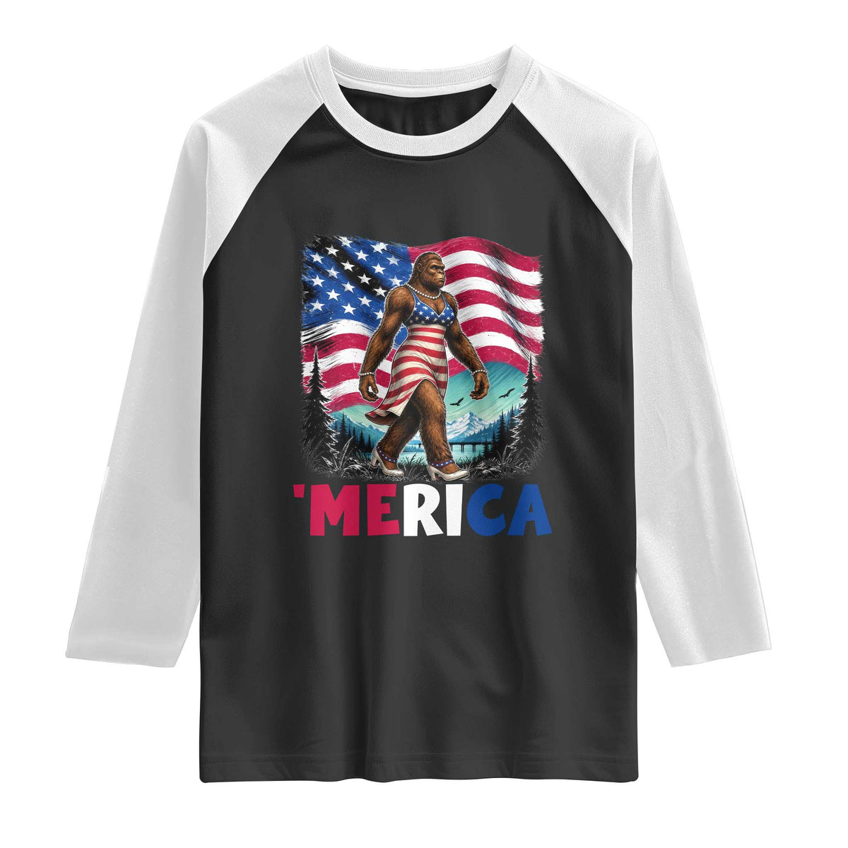 Funny Patriotic Sexy Bigfoot Raglan Shirt Merica USA 250th Anniversary