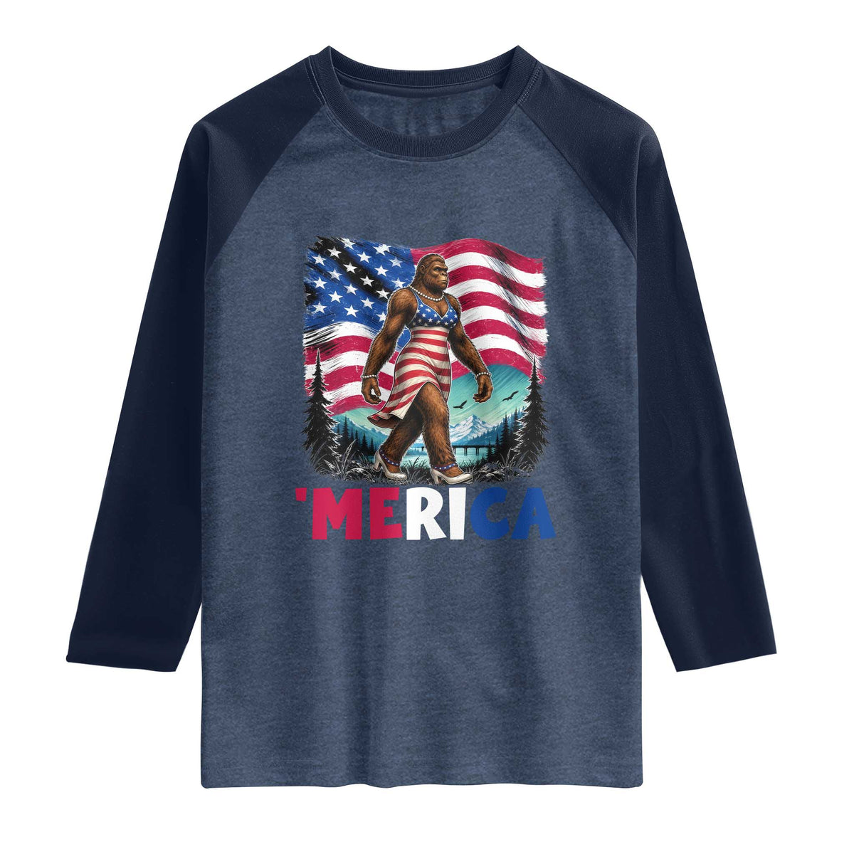 Funny Patriotic Sexy Bigfoot Raglan Shirt Merica USA 250th Anniversary