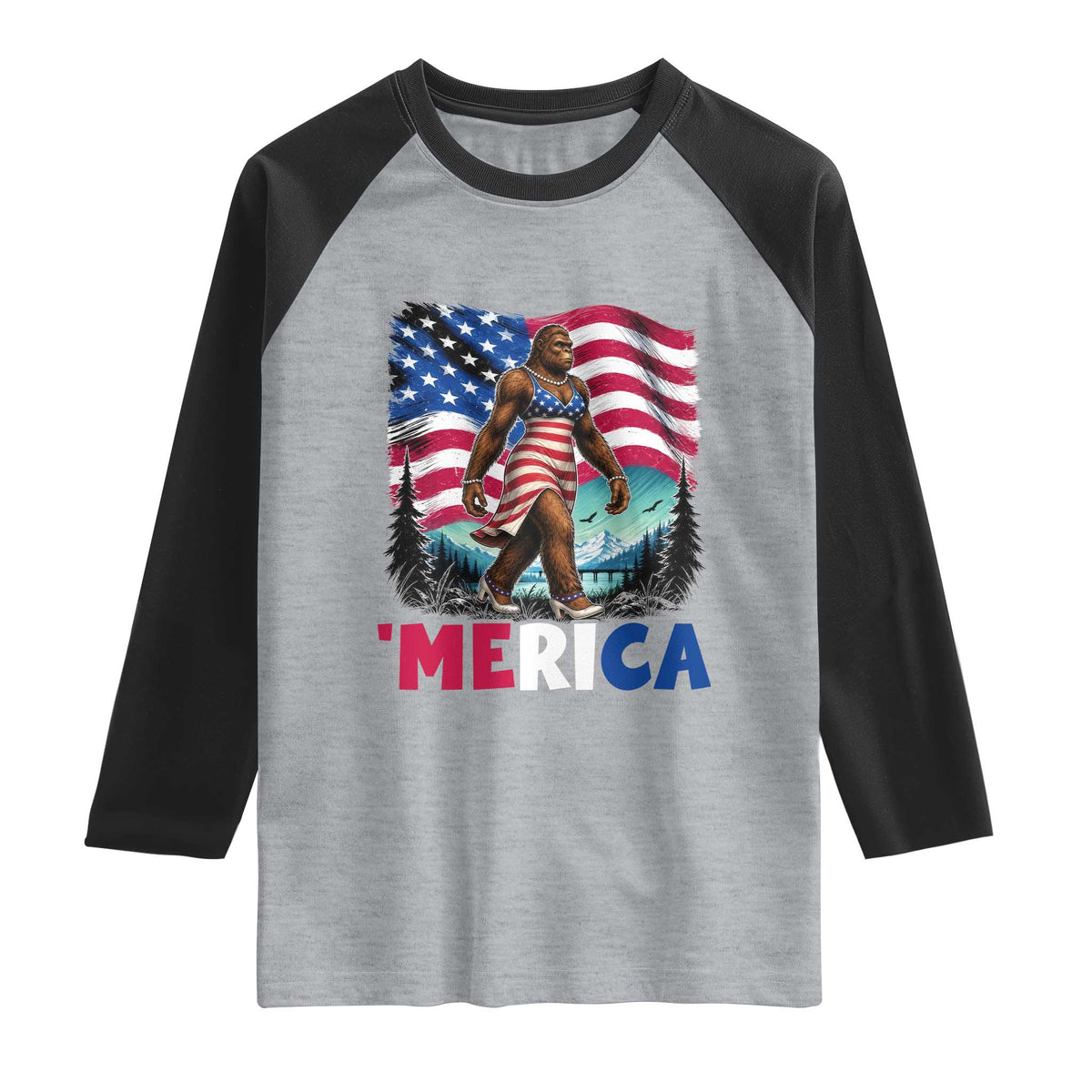 Funny Patriotic Sexy Bigfoot Raglan Shirt Merica USA 250th Anniversary