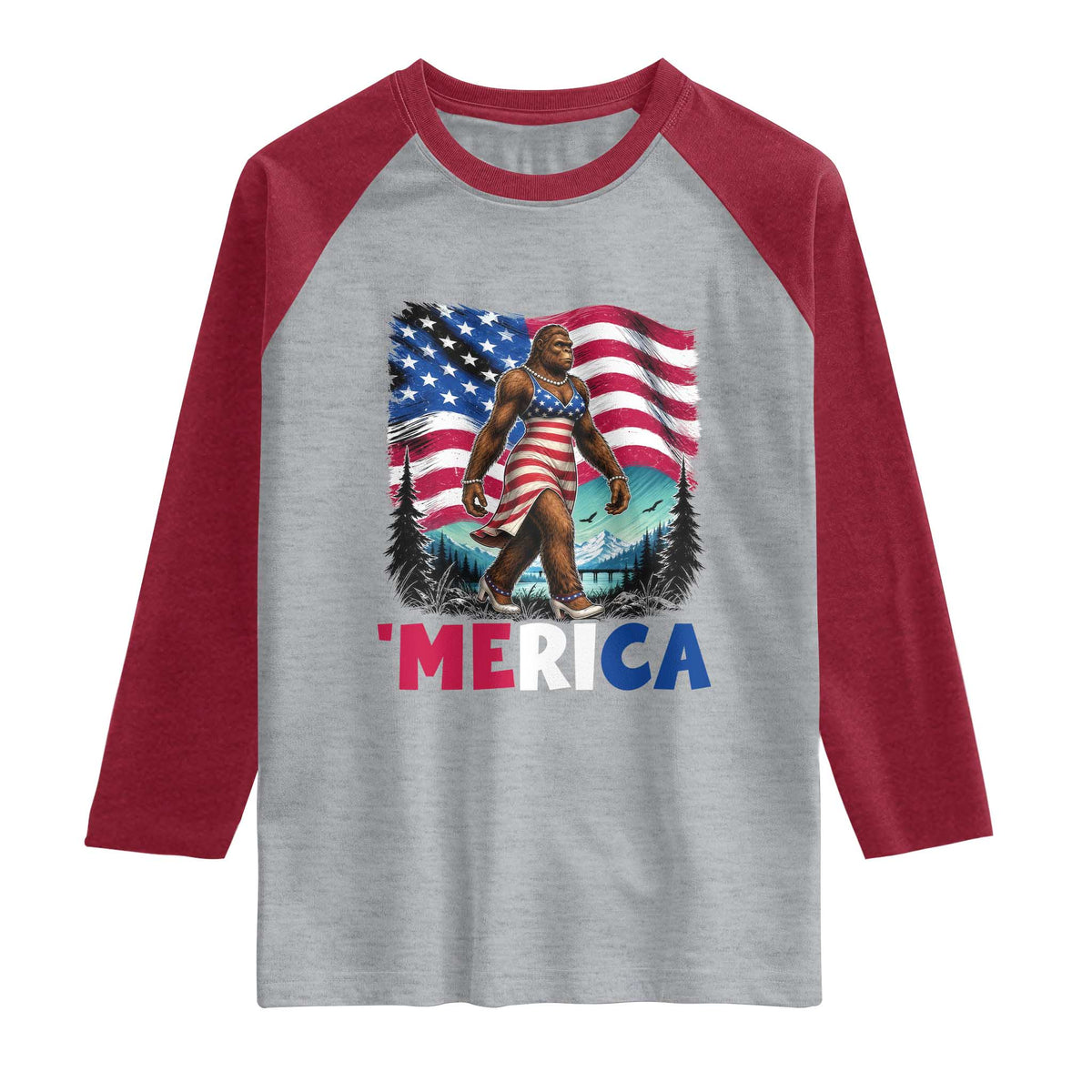 Funny Patriotic Sexy Bigfoot Raglan Shirt Merica USA 250th Anniversary