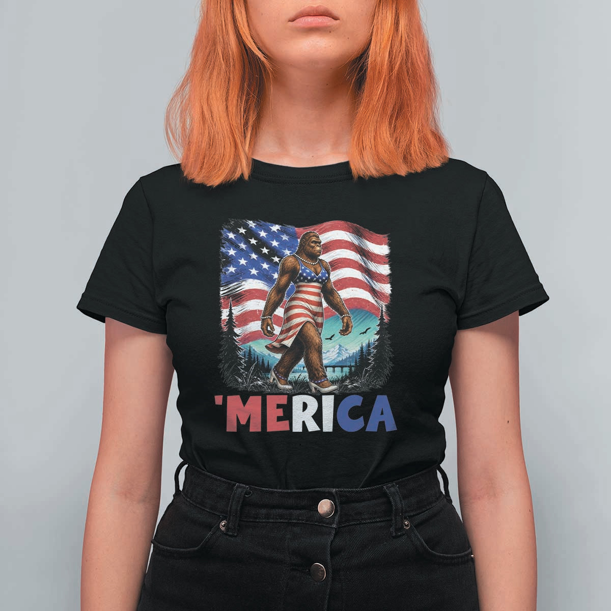 Funny Patriotic Sexy Bigfoot T Shirt For Women Merica USA 250th Anniversary