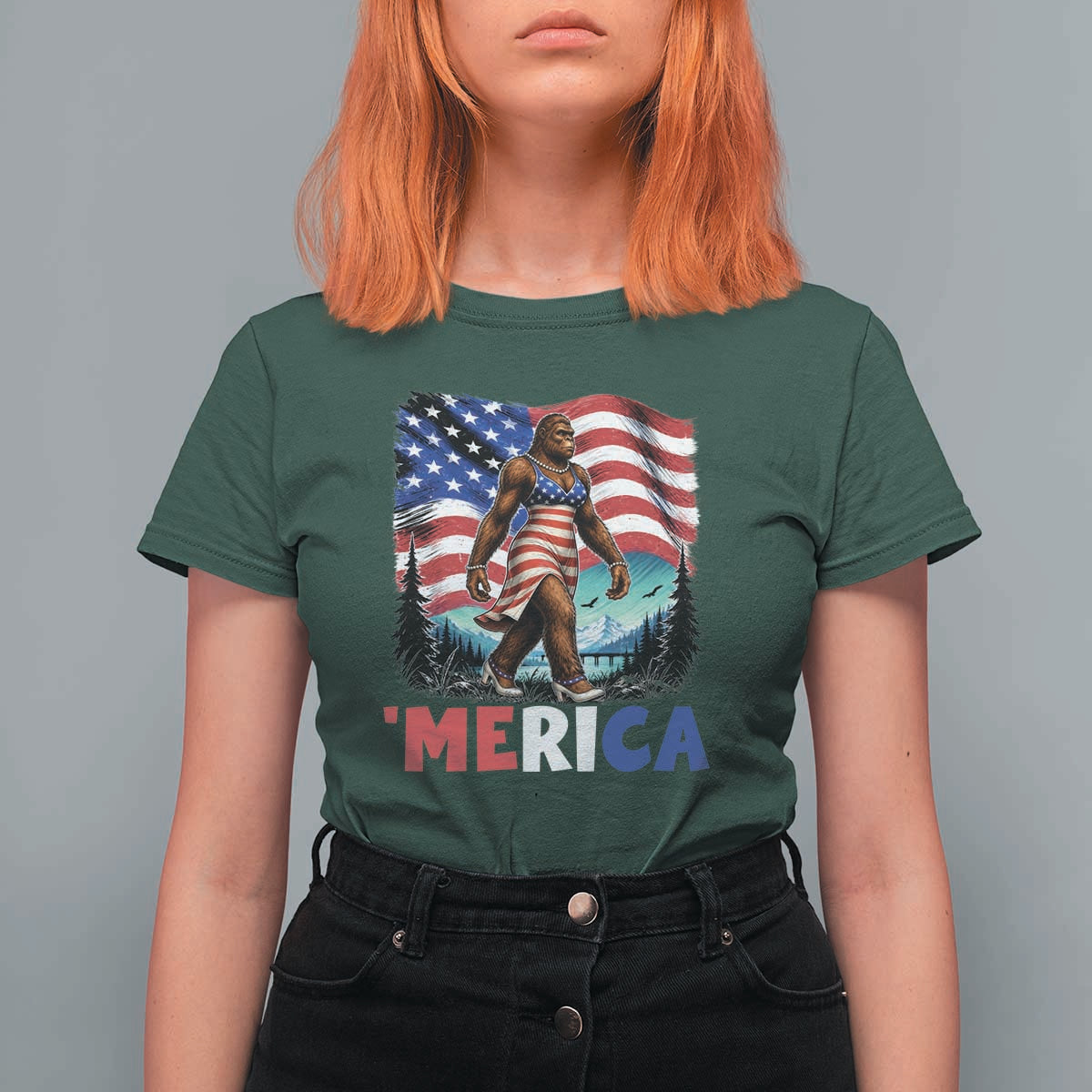Funny Patriotic Sexy Bigfoot T Shirt For Women Merica USA 250th Anniversary