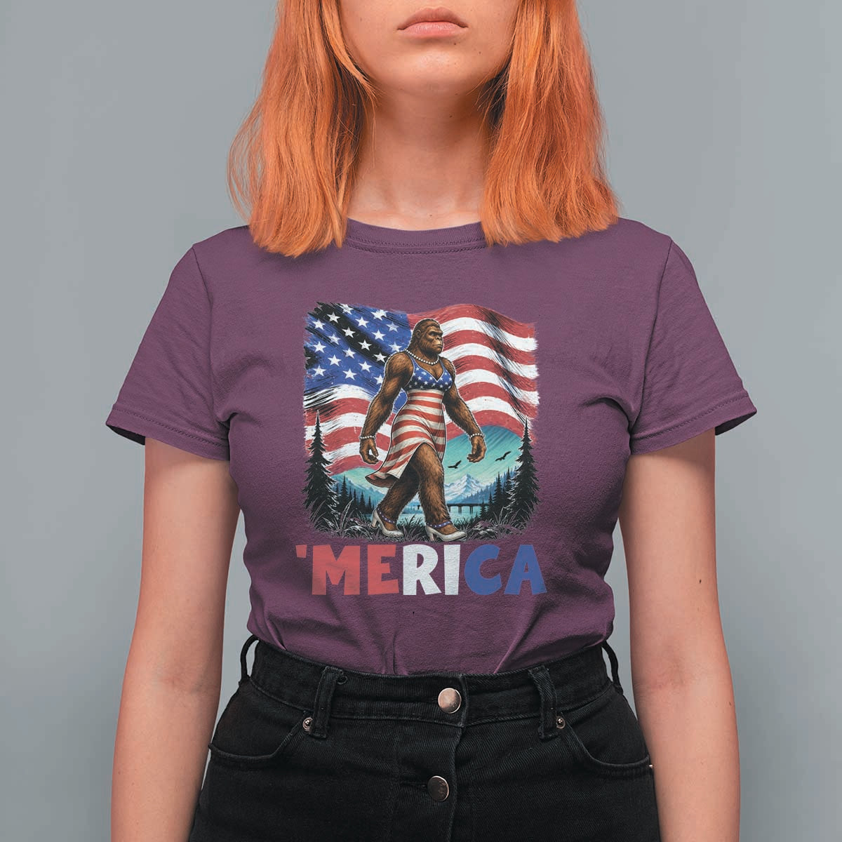 Funny Patriotic Sexy Bigfoot T Shirt For Women Merica USA 250th Anniversary
