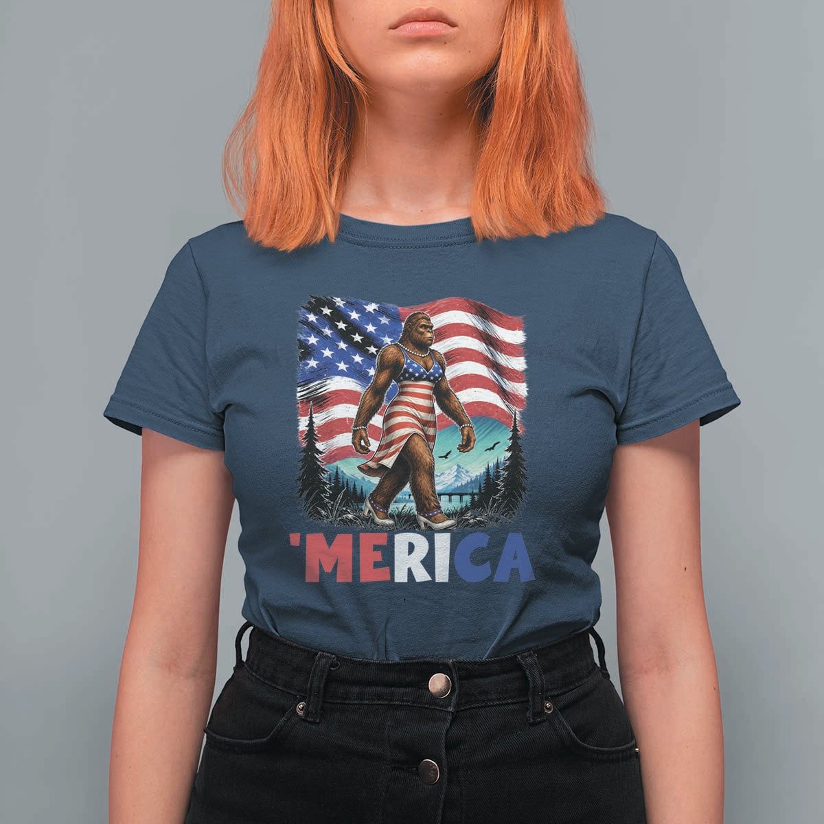 Funny Patriotic Sexy Bigfoot T Shirt For Women Merica USA 250th Anniversary