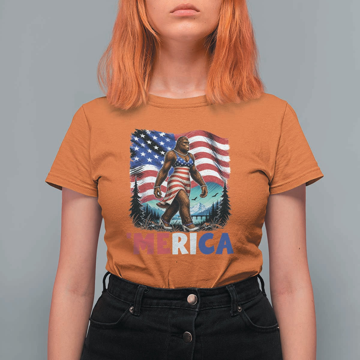 Funny Patriotic Sexy Bigfoot T Shirt For Women Merica USA 250th Anniversary