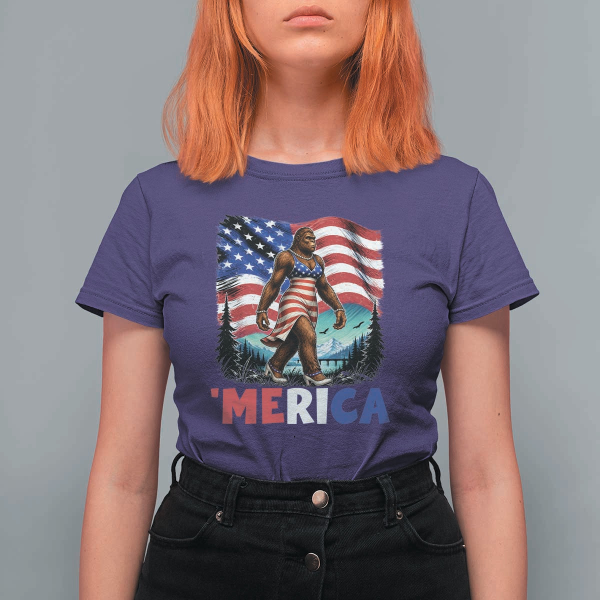 Funny Patriotic Sexy Bigfoot T Shirt For Women Merica USA 250th Anniversary