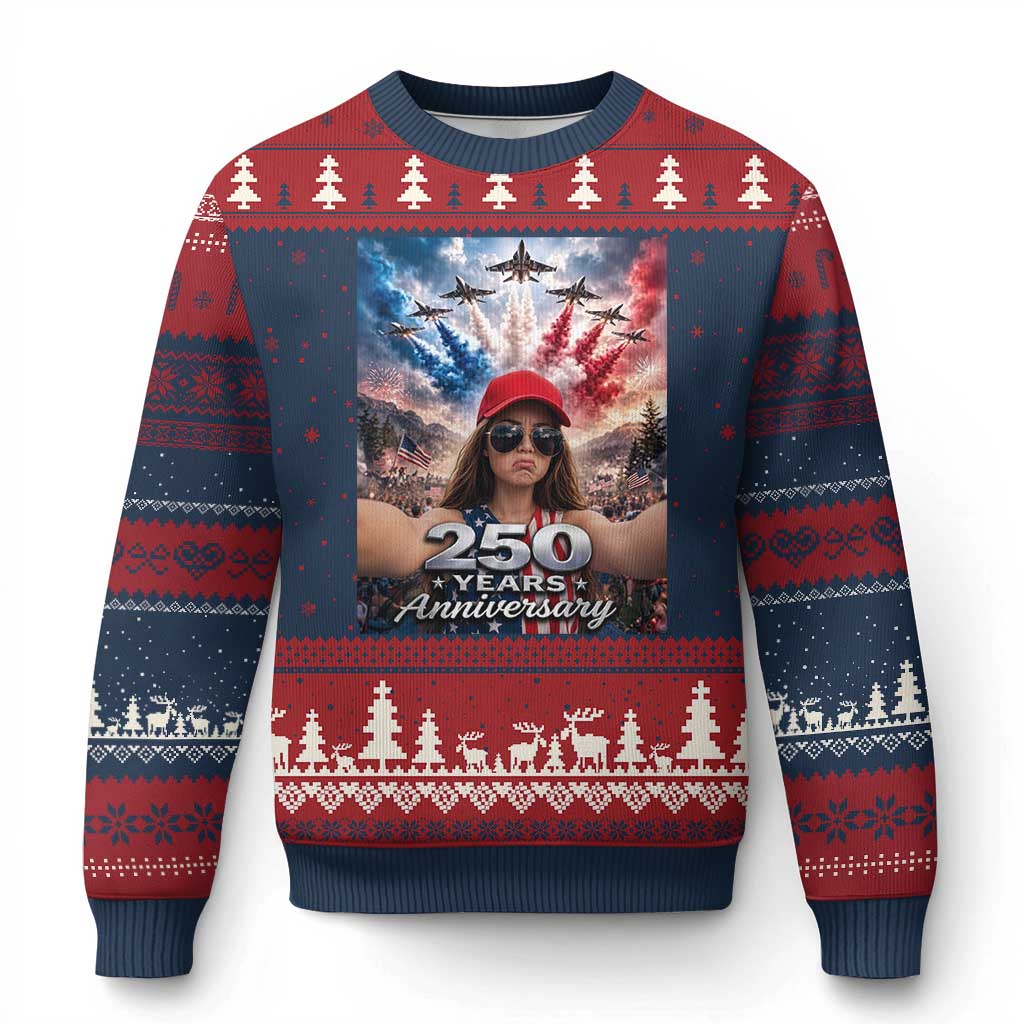 Funny Doll Face Meme 4th Of July Ugly Christmas Sweater USA Freedom Jet Fighter Graphic