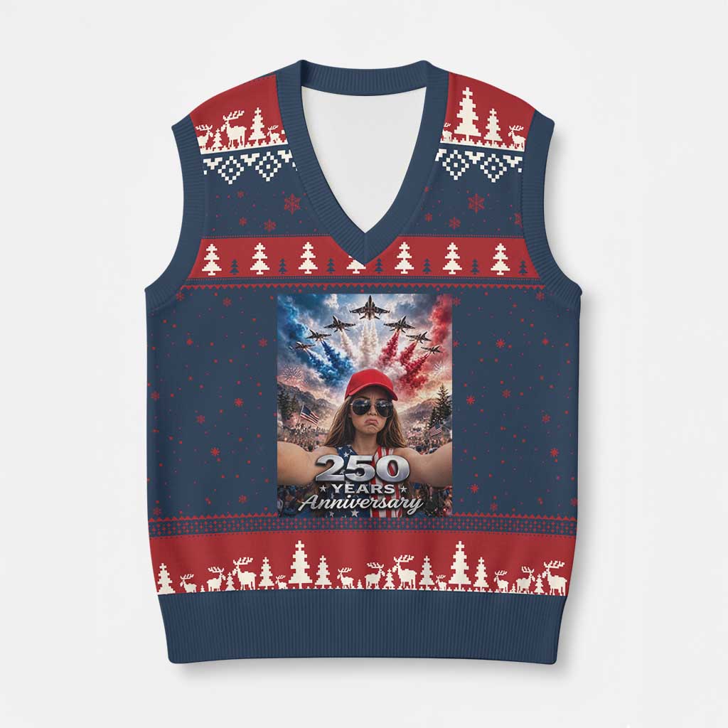 Funny Doll Face Meme 4th Of July V-Neck Knit Sweater Vest USA Freedom Jet Fighter Graphic