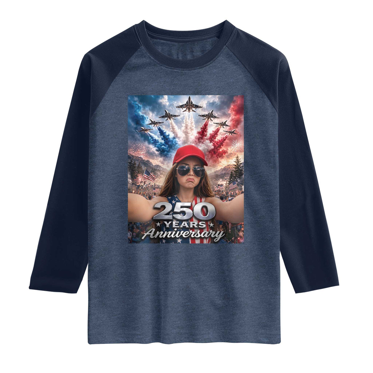 Funny Doll Face Meme 4th Of July Raglan Shirt USA Freedom Jet Fighter Graphic