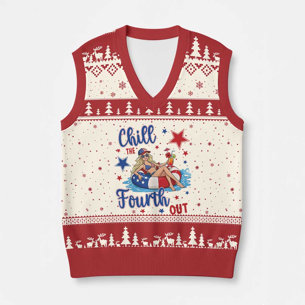 Funny Doll Face Meme 4th Of July V-Neck Knit Sweater Vest Chill The Fourth Out