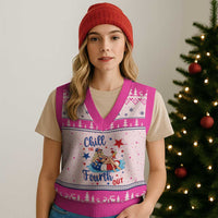 Funny Doll Face Meme 4th Of July V-Neck Knit Sweater Vest Chill The Fourth Out