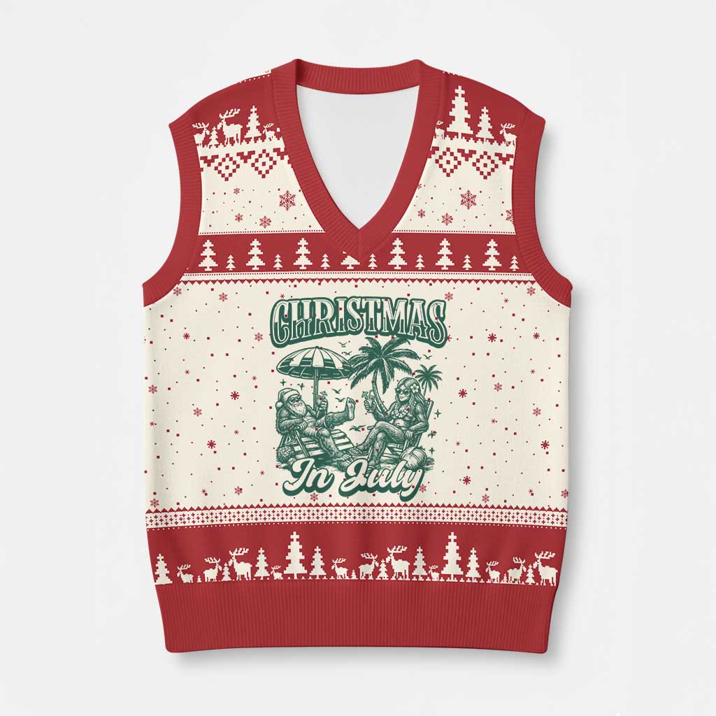 Vintage Summer Christmas Bigfoot Couple V-Neck Knit Sweater Vest Tropical Xmas Graphic
