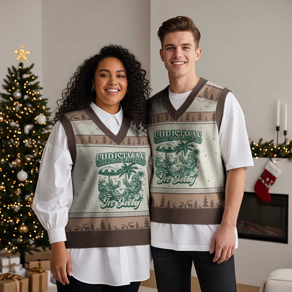 Vintage Summer Christmas Bigfoot Couple V-Neck Knit Sweater Vest Tropical Xmas Graphic